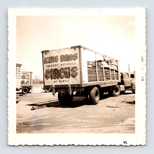 King Bros Circus 1956 equipment truck photo with Largest Motorized Circus On Earth slogan - 3.5 x 3.5