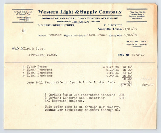1927 Western Light Supply Company Amarillo Texas Coleman lanterns lamps invoice billhead 8 x 6.5
