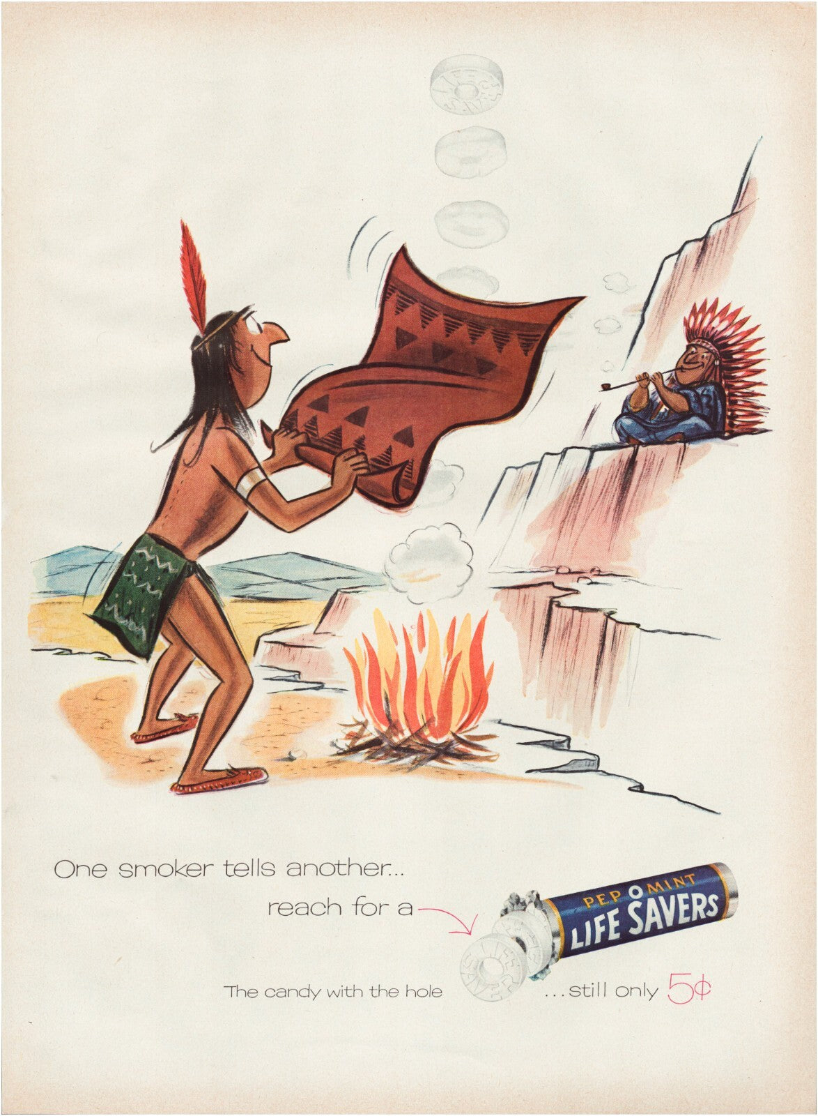 Life Savers Pep O Mint 1955 print ad illustrated figures fire candy roll