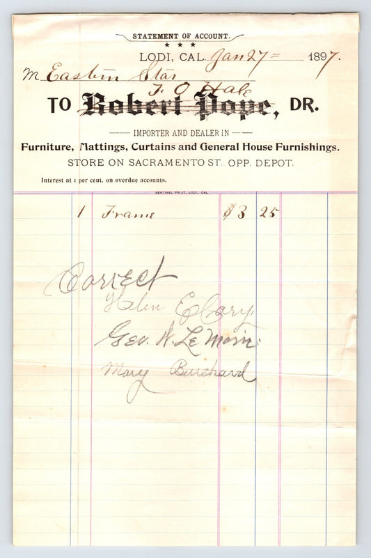 Lodi California Robert Pope Furniture House 1897 Billhead 8 x 5.5