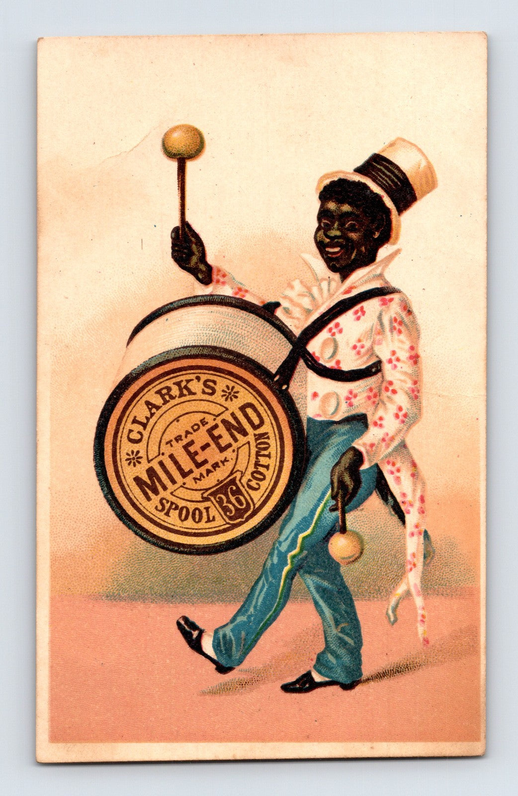 Clark’s Mile-End thread drummer figure advertising spool cotton 1890s trade card
