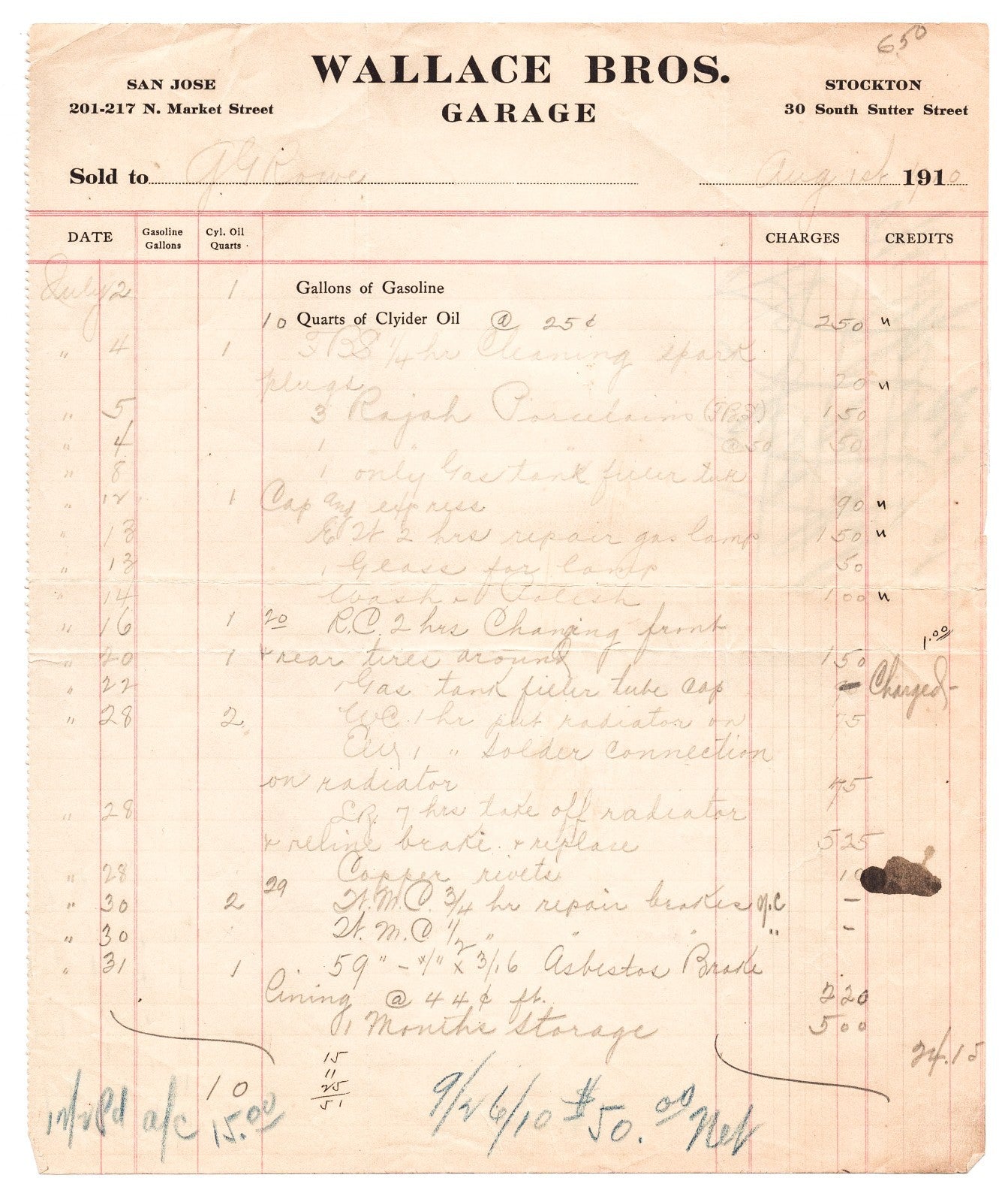 Wallace Bros Garage billhead California Stockton San Jose handwritten automotive service ledger 1910