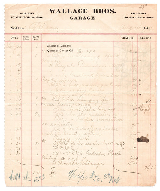 Wallace Bros Garage billhead California Stockton San Jose handwritten automotive service ledger 1910