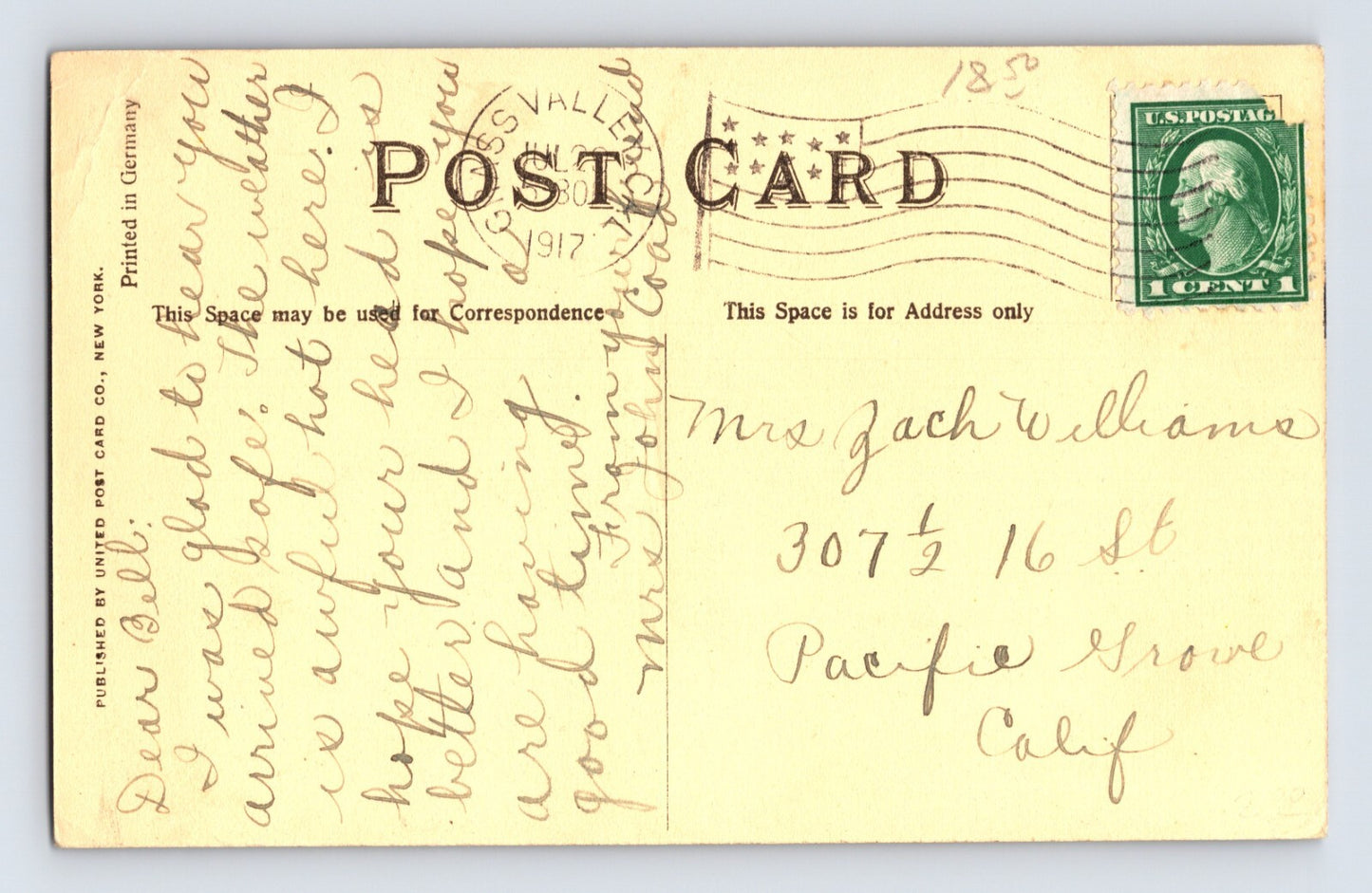 Grass Valley California Congregational Church 1917 Postcard Posted Divided