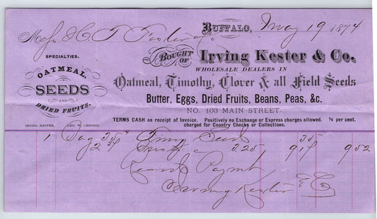 Buffalo New York 1874 Irving Kester Seed Company Billhead - 8.5 x 4.5