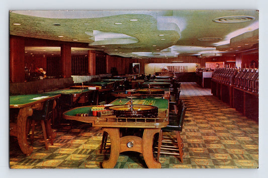 Las Vegas Nevada Hotel Sahara casino interior roulette tables slot machines 1950s chrome postcard