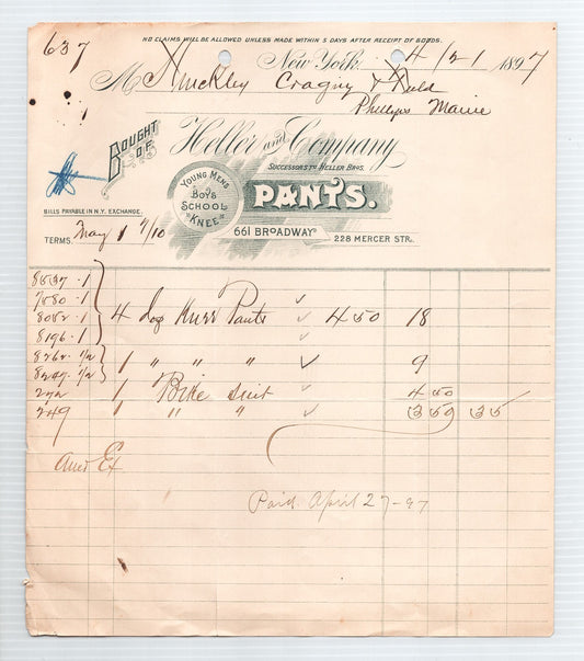 Heller Company New York City 1897 pants billhead invoice with handwritten entries Broadway Mercer Street