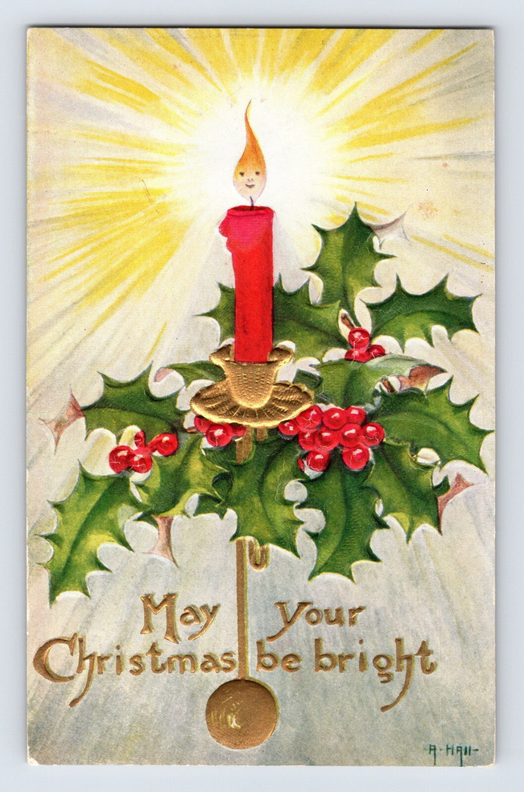 Christmas postcard candle flame face holly berries greeting 1910s illustration