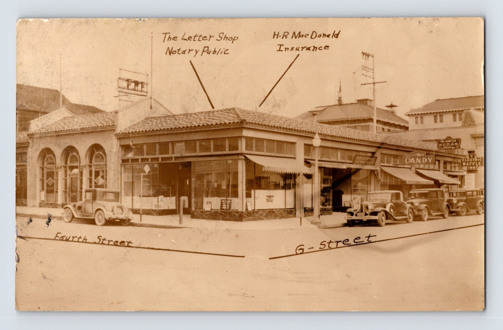 Real photo postcard of 4th and G Street storefronts Candy Electric Waffle Eureka California 1930s