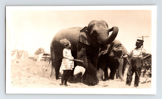 Antique photograph showing a Gentry Bros Circus elephant with trainers and a side show performer, dated 1922; sepia image