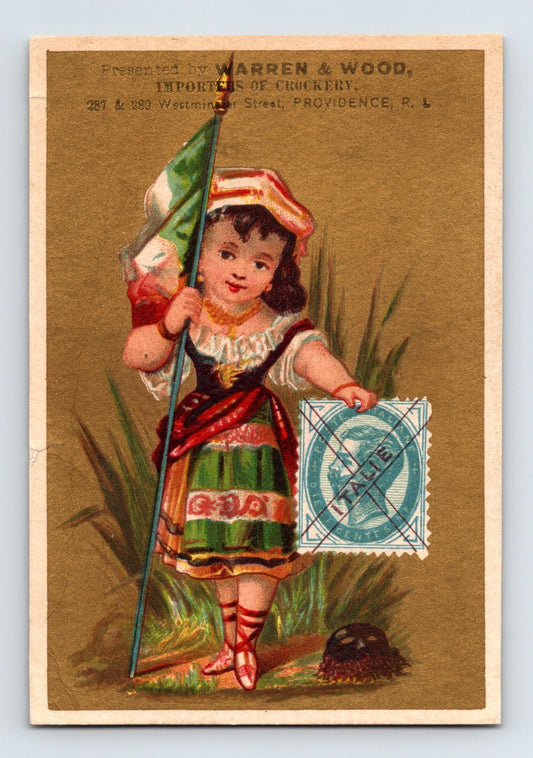 Providence RI Warren Wood Crockery Italy Girl Stamp 1890s Trade Card 4 x 3