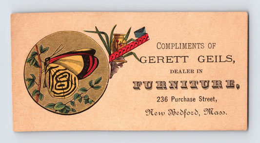 New Bedford Massachusetts Gerett Geils Furniture Butterfly 1890s Trade Card 2.25 x 4.25