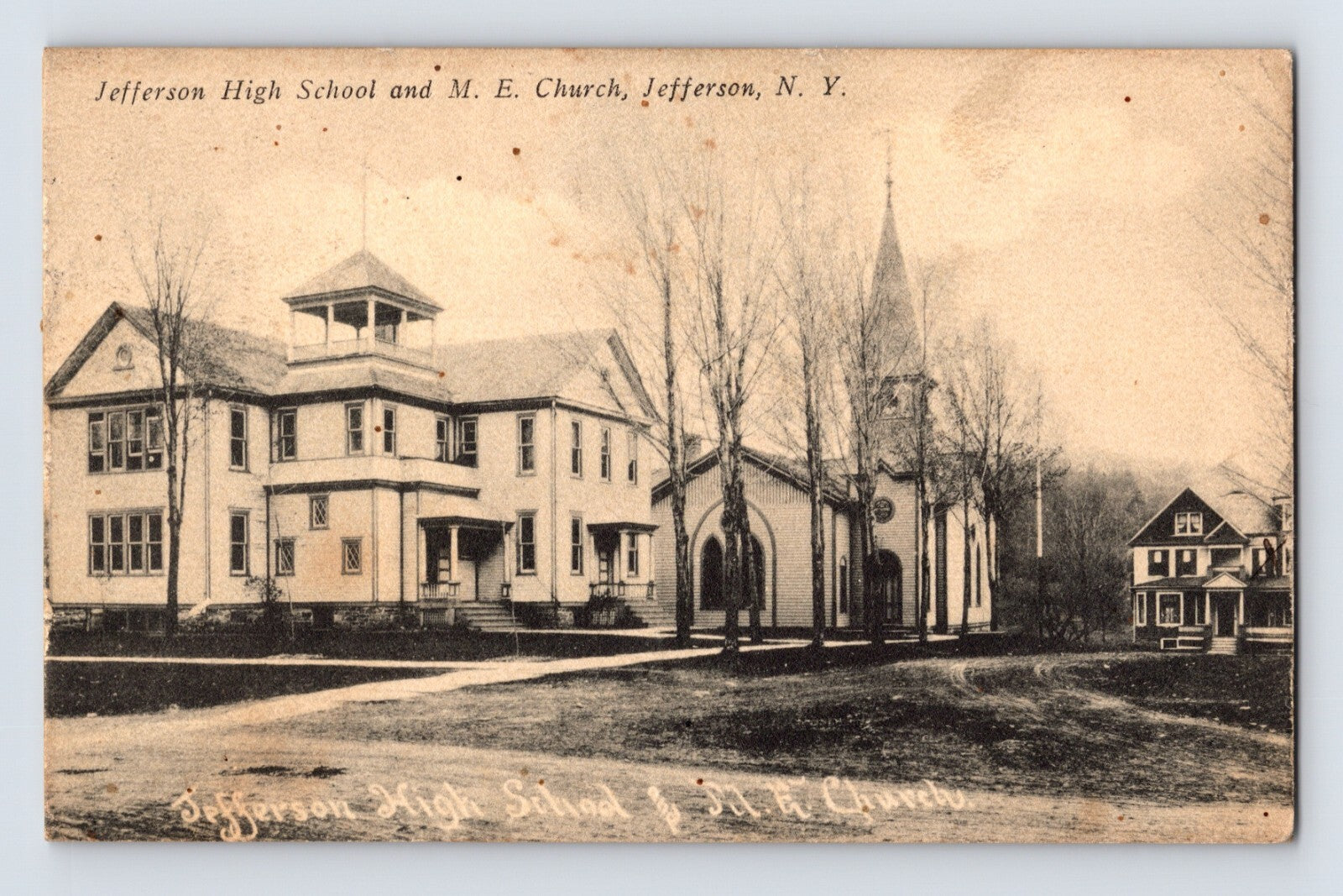 Jefferson New York High School Methodist Episcopal Church 1914 street view postcard