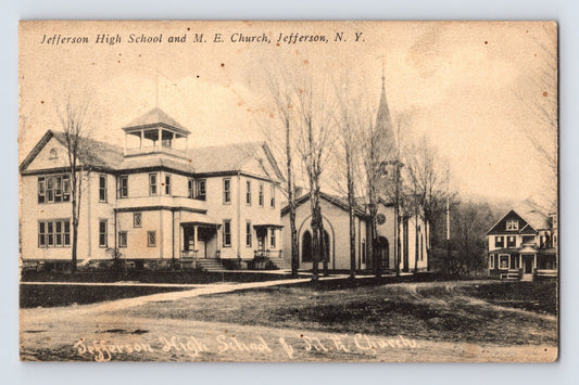 Jefferson New York High School Methodist Episcopal Church 1914 street view postcard