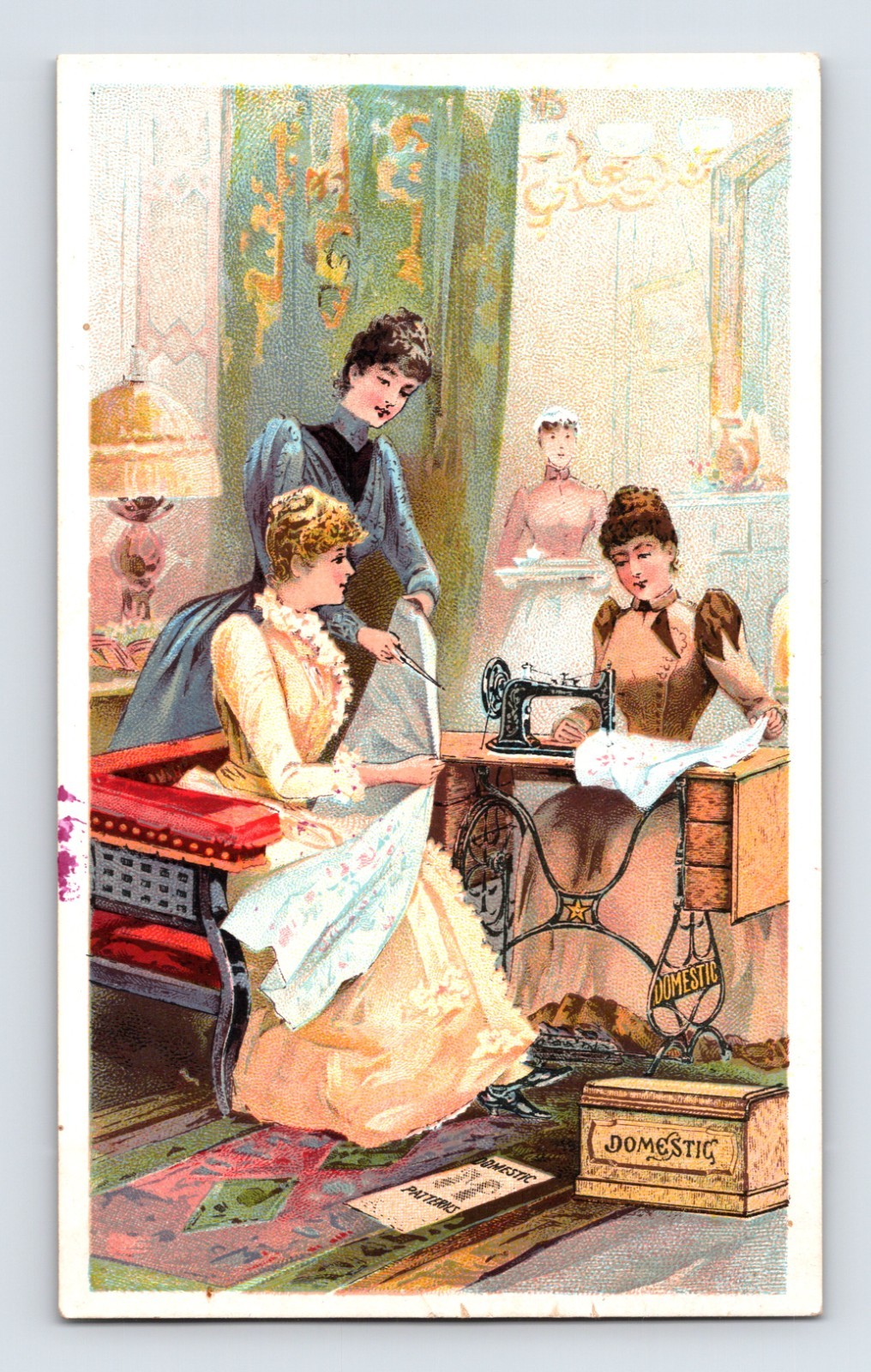 Domestic Sewing Machine ladies interior sewing scene trade card 1890s