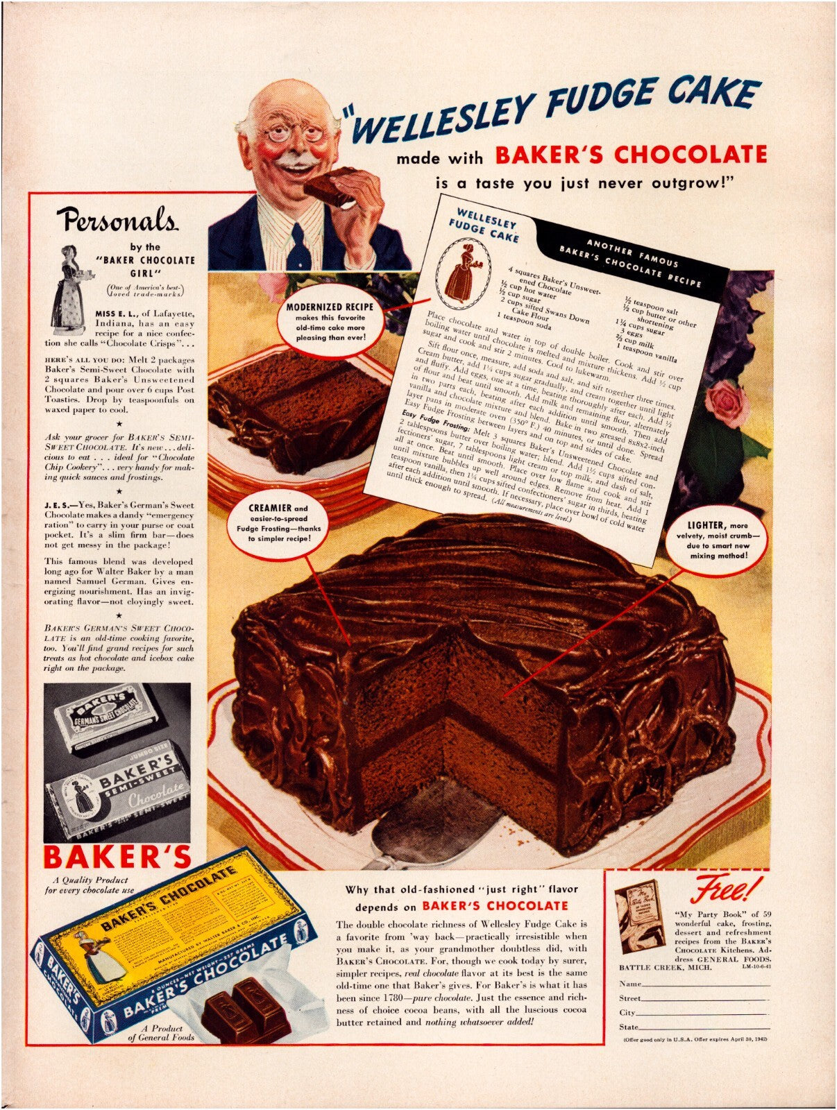 Baker’s Chocolate 1941 Wellesley Fudge Cake Recipe Print Ad 10.5 x 13.5