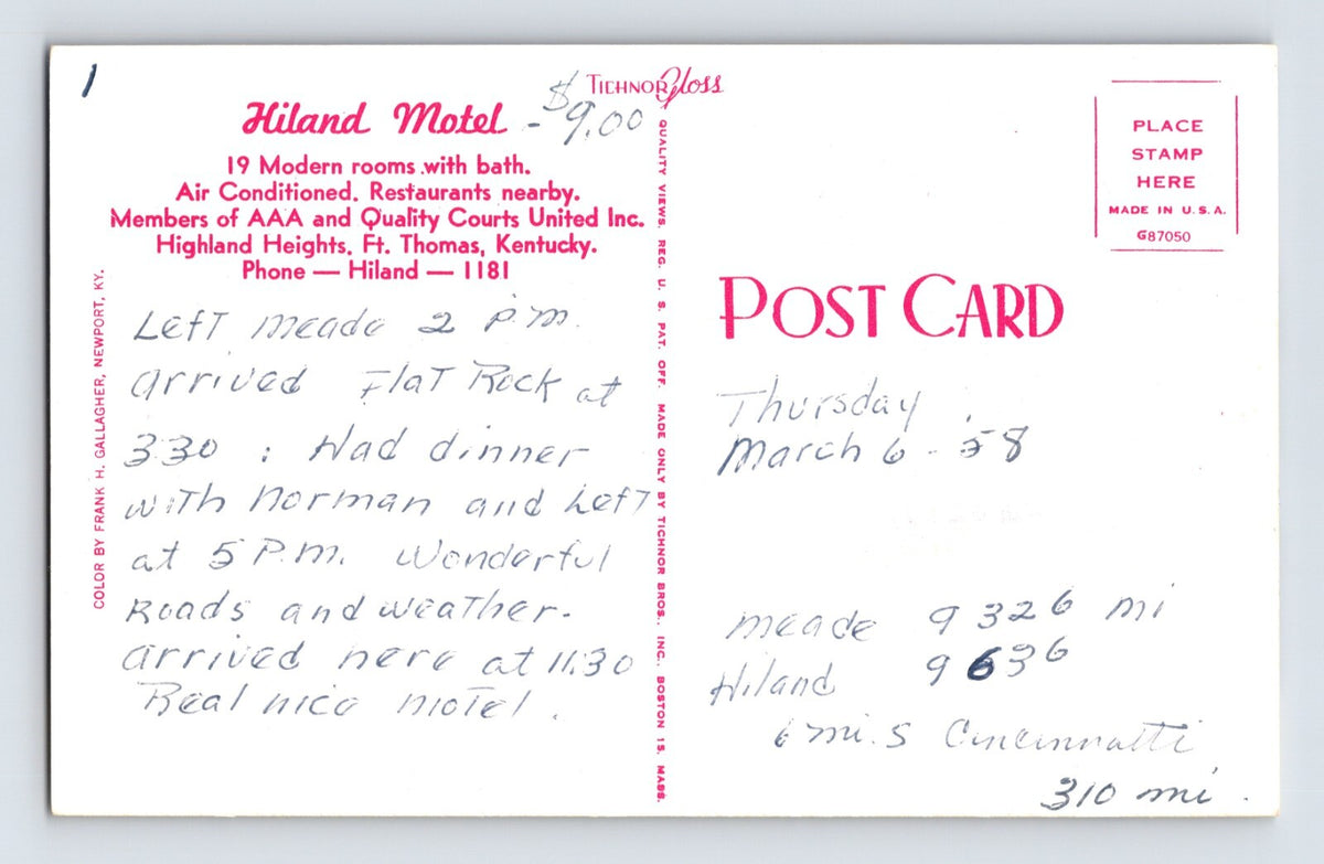 Cincinnati Ohio Hiland Motel 1950s Postcard Unposted Chrome