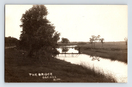 Oak Hill Minnesota bridge over river rural landscape trees reflection water 1910s RPPC postcard AZO
