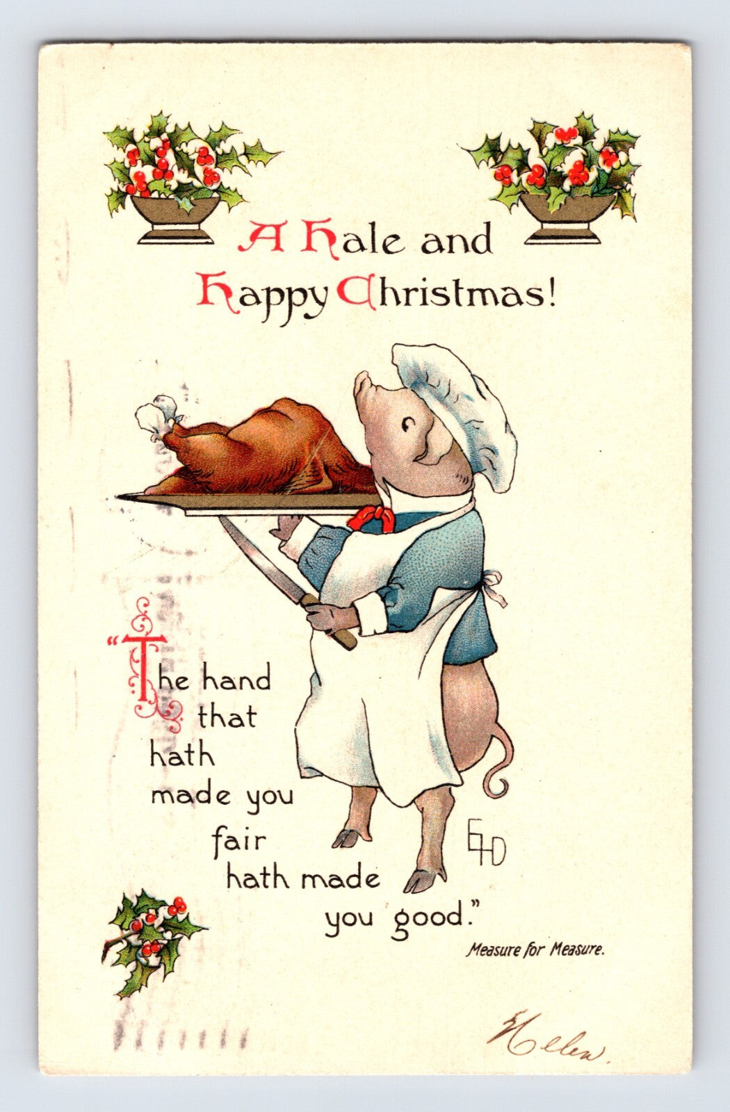 Christmas Pig Cooking Turkey Ethel Dewees 1912 Postcard Posted Divided Back