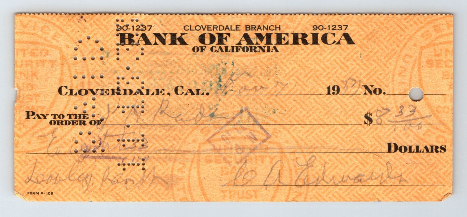 Cloverdale California Bank of America 1933 money order check orange security print document