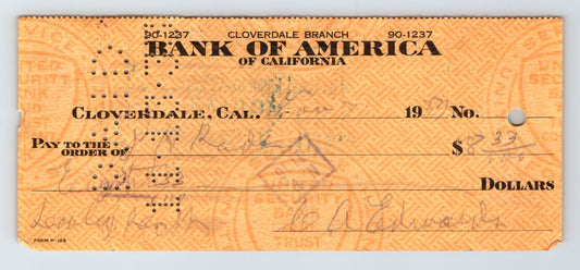 Cloverdale California Bank of America 1933 money order check orange security print document