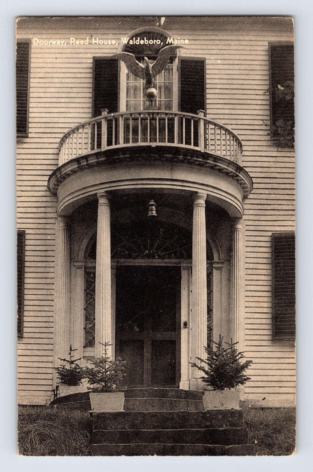 Waldoboro Maine Reed House doorway columned entrance balcony eagle detail 1943 black and white postcard
