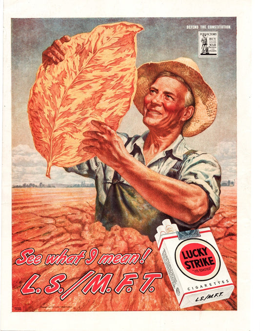 Lucky Strike 1945 Tobacco Farmer Leaf Print Ad 10 x 14