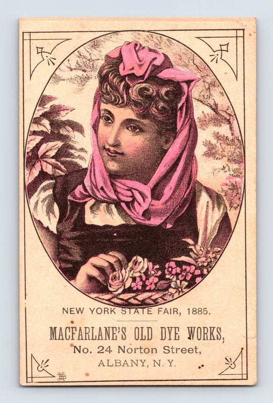 MacFarlane’s Old Dye Works Albany New York 1885 Victorian trade card with woman portrait, 4.5 x 3