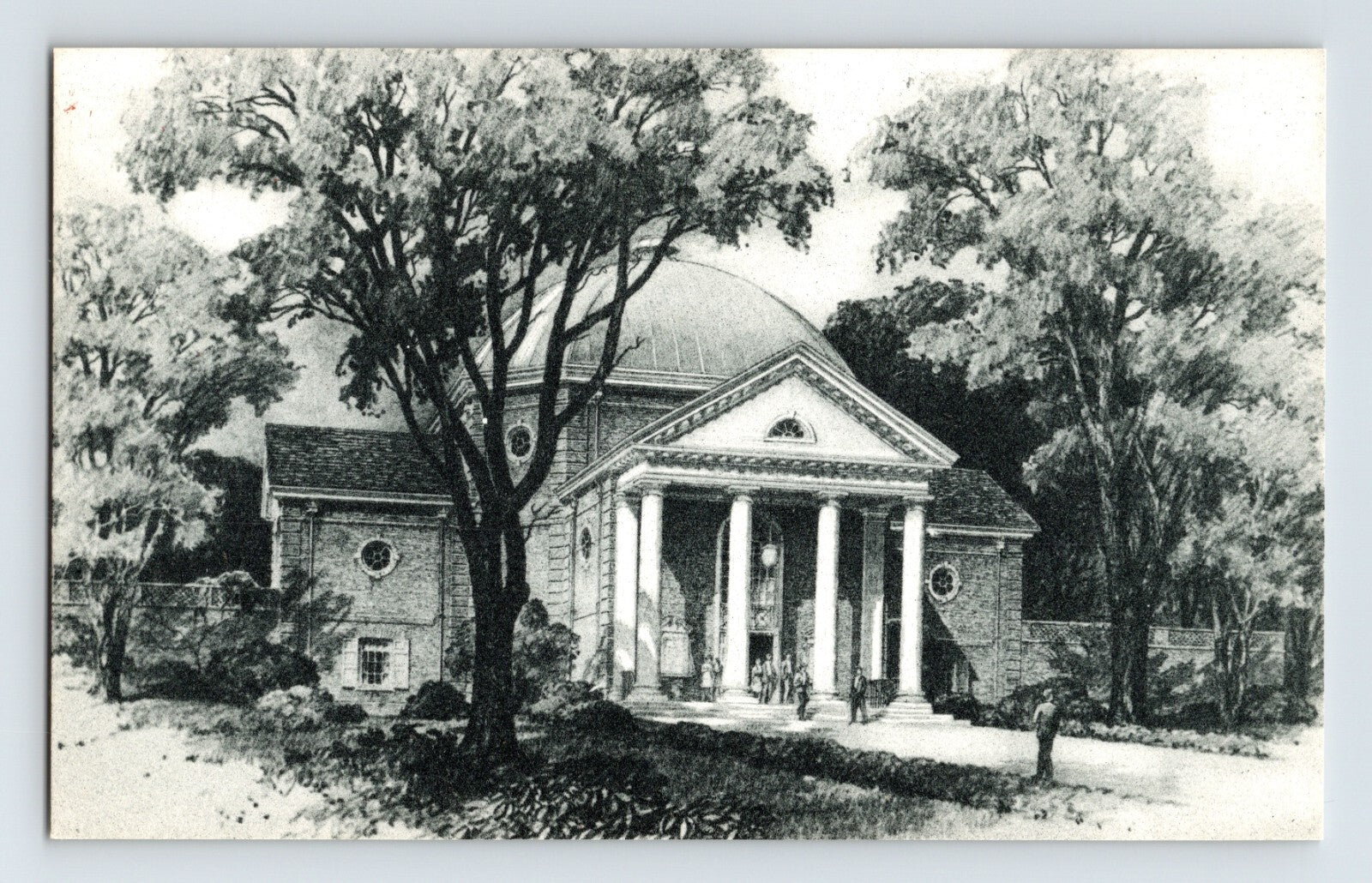 Brookville New York Long Island Post University Interfaith Chapel 1930s architectural postcard featuring the domed chapel building surrounded by landscaped trees and grounds.