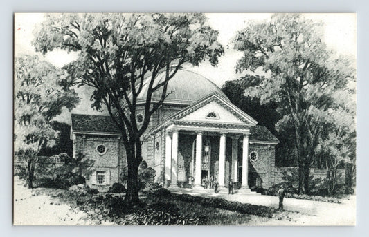 Brookville New York Long Island Post University Interfaith Chapel 1930s architectural postcard featuring the domed chapel building surrounded by landscaped trees and grounds.