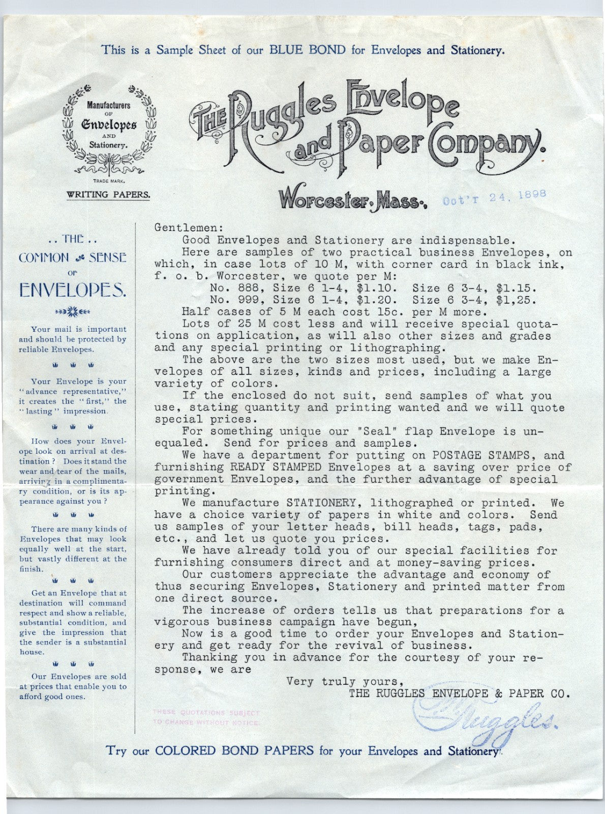 Ruggles Envelope Paper Company Worcester Massachusetts 1898 letterhead blue bond sample sheet envelopes stationery advertising 8.5 x 11