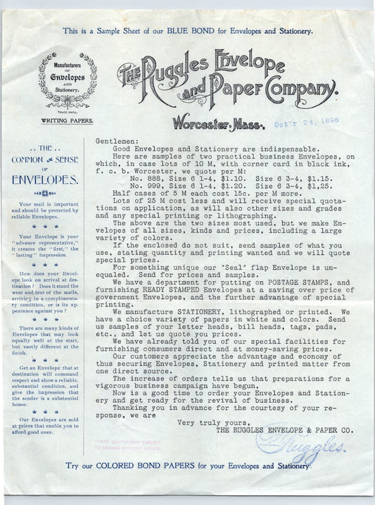 Ruggles Envelope Paper Company Worcester Massachusetts 1898 letterhead blue bond sample sheet envelopes stationery advertising 8.5 x 11