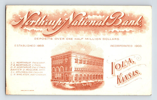 Iola Kansas Northrup National Bank building illustration with ornate red advertising design, early twentieth century postcard