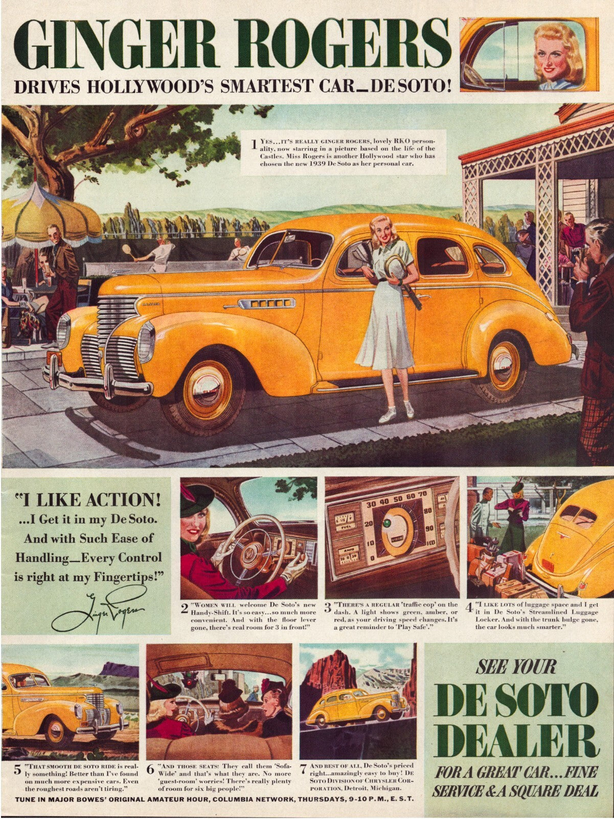 De Soto 1938 Ginger Rogers Print Ad Full Page Large Magazine - 10.5 x 13.5