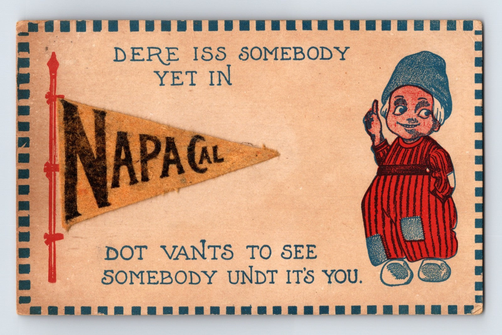 Napa California comic postcard featuring a cartoon Dutch child beside a Napa Cal pennant with dialect humor text, mailed during the divided-back era.