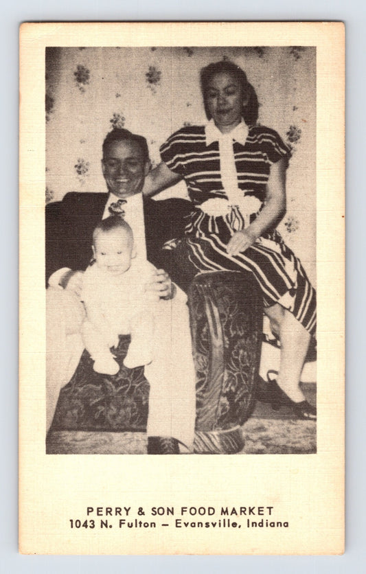 Evansville Indiana Perry and Son Food Market family portrait postcard, man woman and baby posed indoors, 1940s advertising real photo card