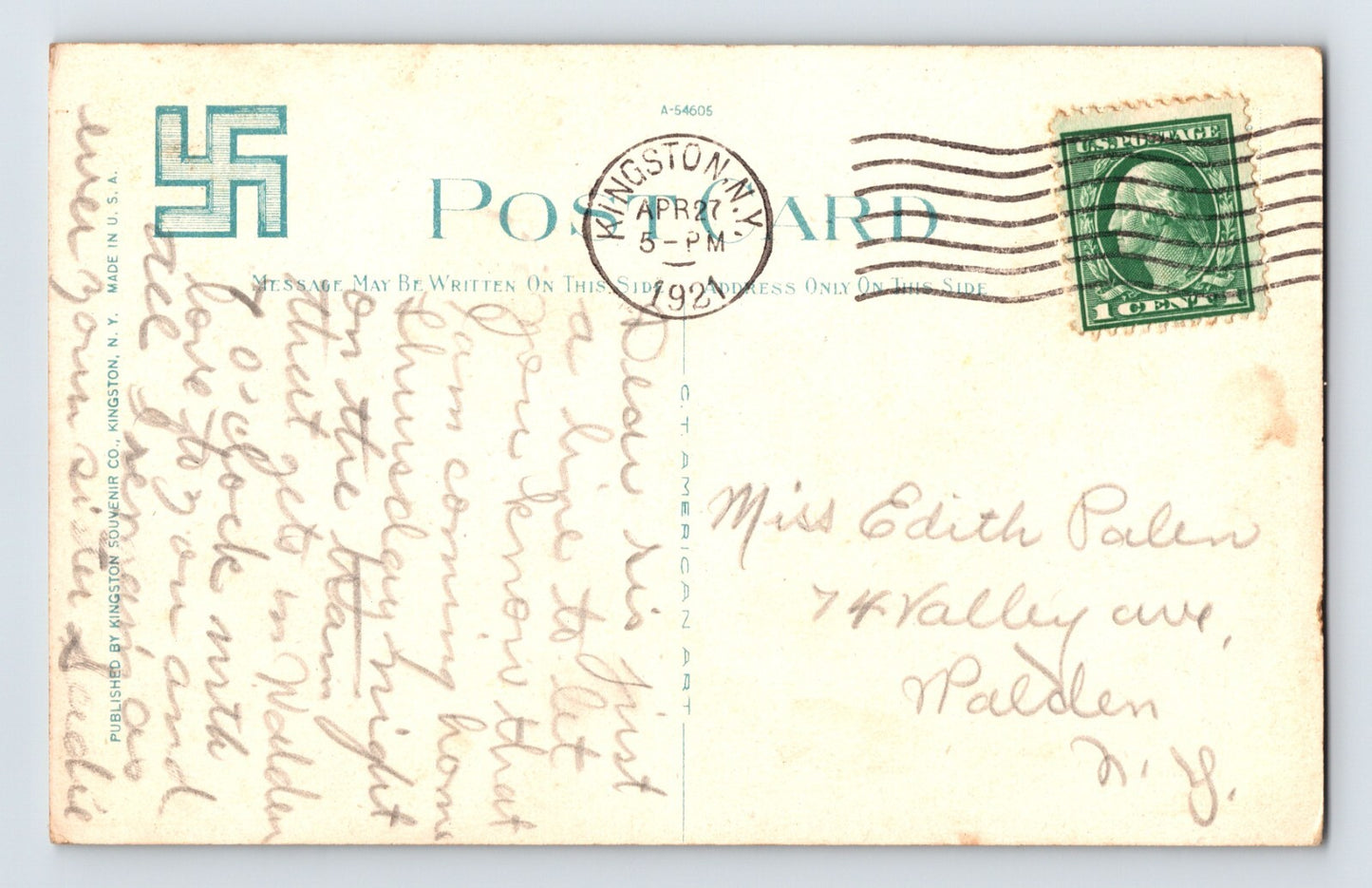 Kingston New York Clinton Avenue Pearl Street Streetcar 1921 Postcard Posted