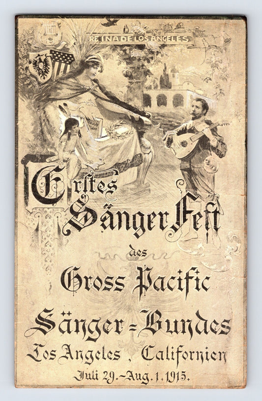 Los Angeles California Sangerfest 1915 German festival postcard with allegorical figures musician and ornate typography