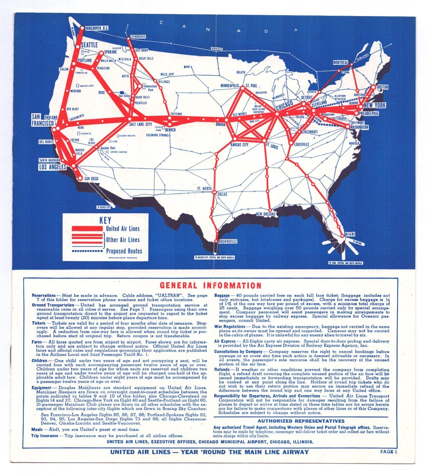United Airlines 1942 Main Line System Time Table Brochure