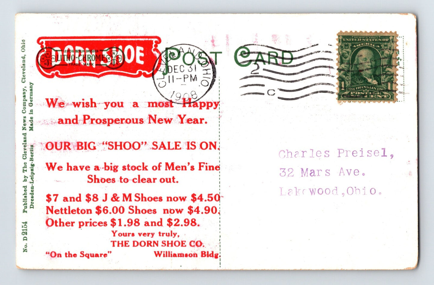 Cleveland Ohio Public Square Dorn Shoe Company advertising postcard