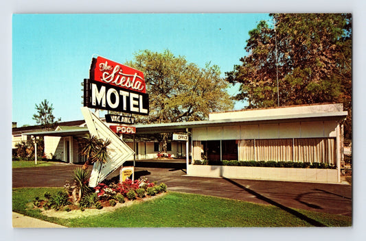 1960s Ridgeland South Carolina Siesta Motel roadside neon sign mid century motor court chrome postcard archival image