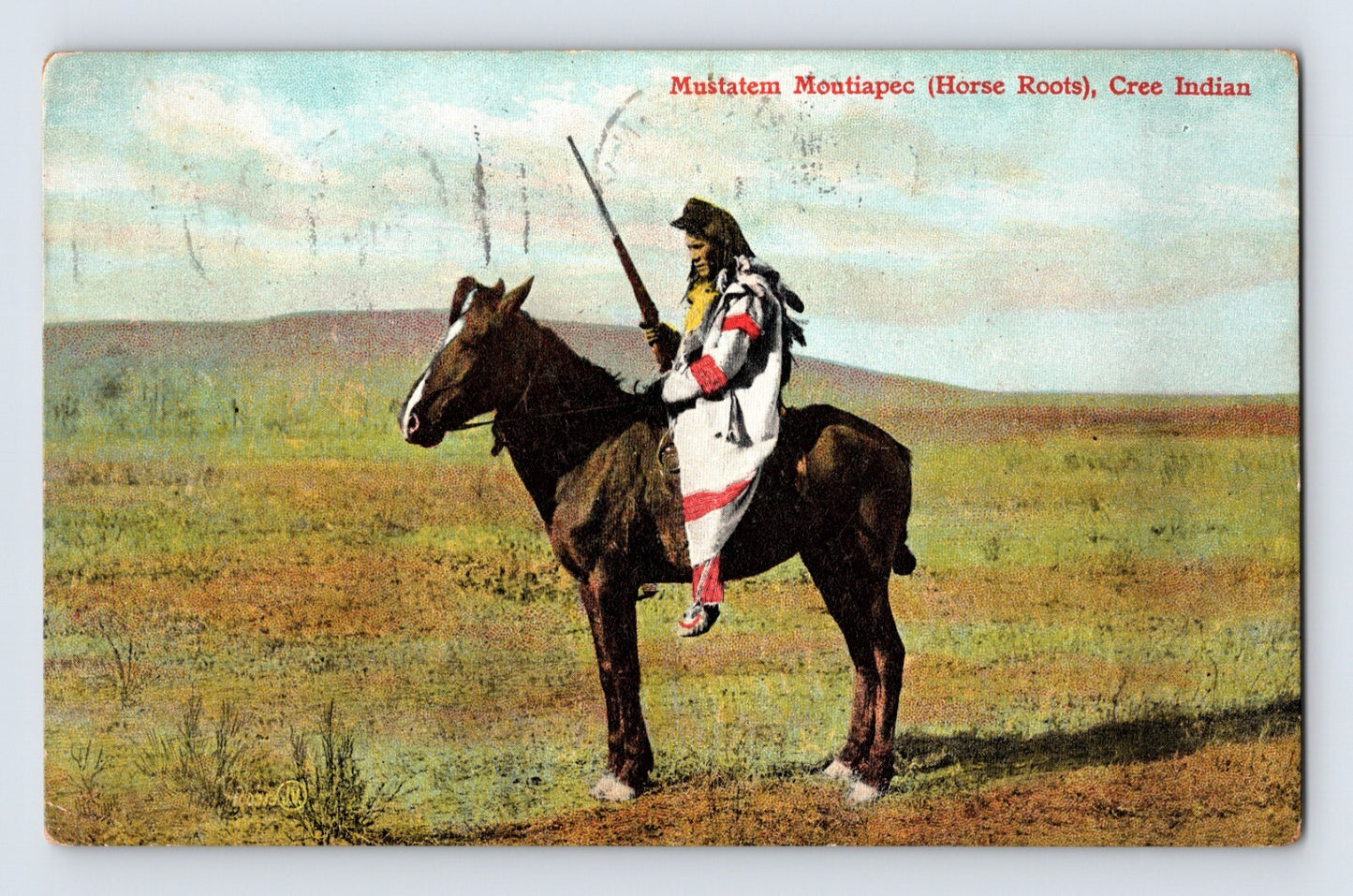 Cree Native American man on horseback traditional clothing early color postcard plains landscape