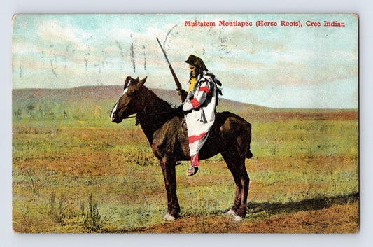 Cree Native American man on horseback traditional clothing early color postcard plains landscape
