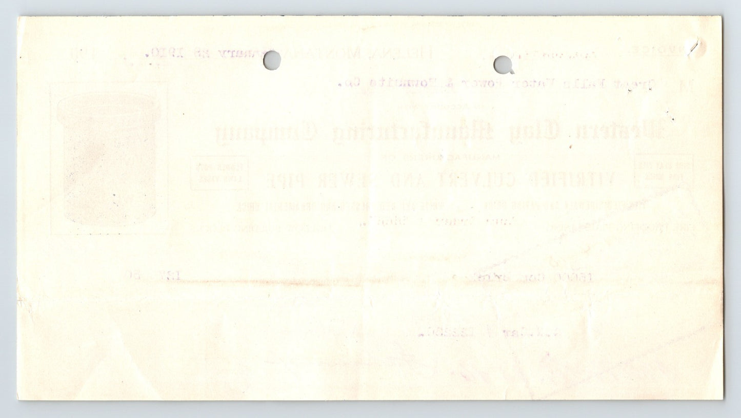Helena Montana 1910 Western Clay Culvert Sewer Pipe Invoice 8 x 4.5