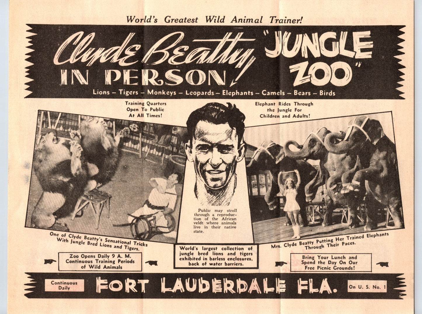 Clyde Beatty Jungle Zoo 1940s Circus Brochure Fort Lauderdale Florida 9.5 x 11