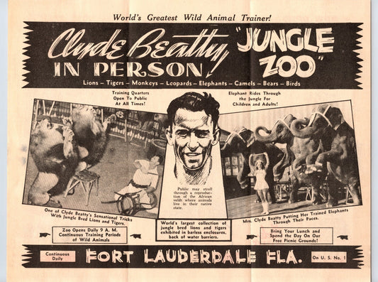 Clyde Beatty Jungle Zoo 1940s Circus Brochure Fort Lauderdale Florida 9.5 x 11