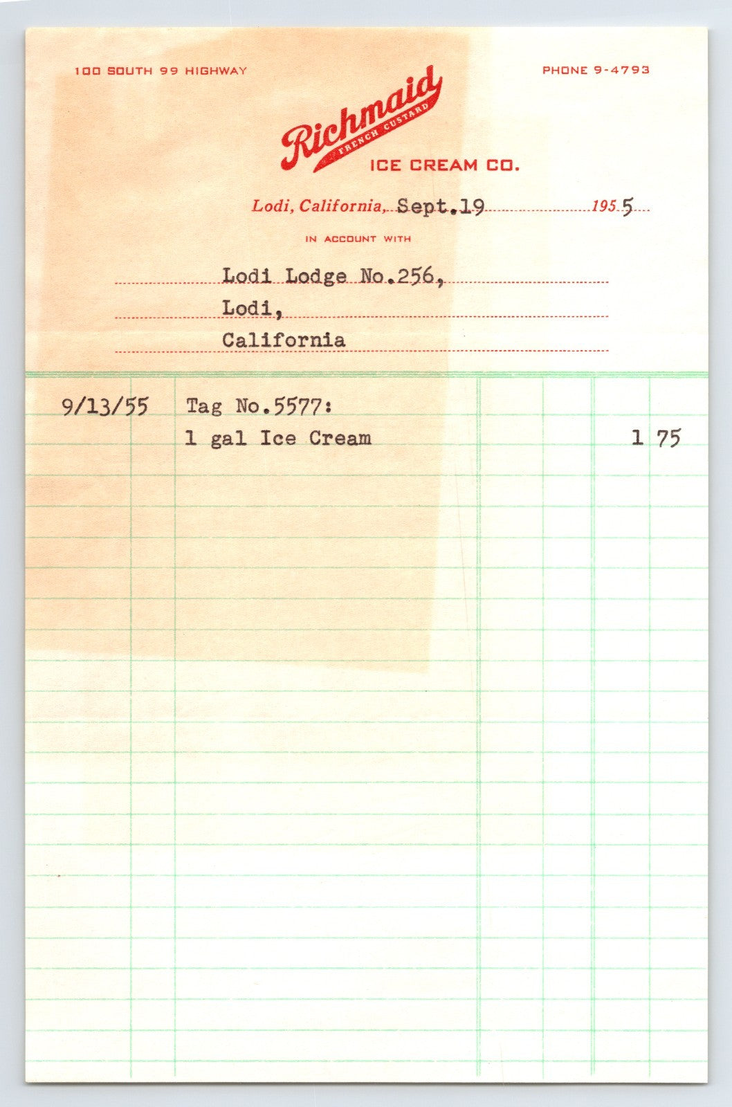 Lodi California Richmaid Ice Cream Company billhead 1955 lodge invoice French custard