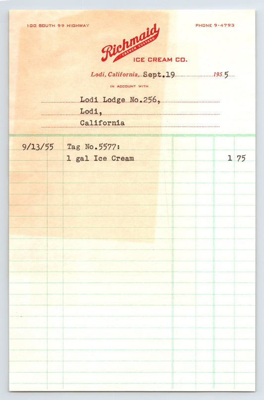 Lodi California Richmaid Ice Cream Company billhead 1955 lodge invoice French custard