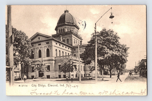 Elwood Indiana City Building courthouse dome downtown street postcard 1910s