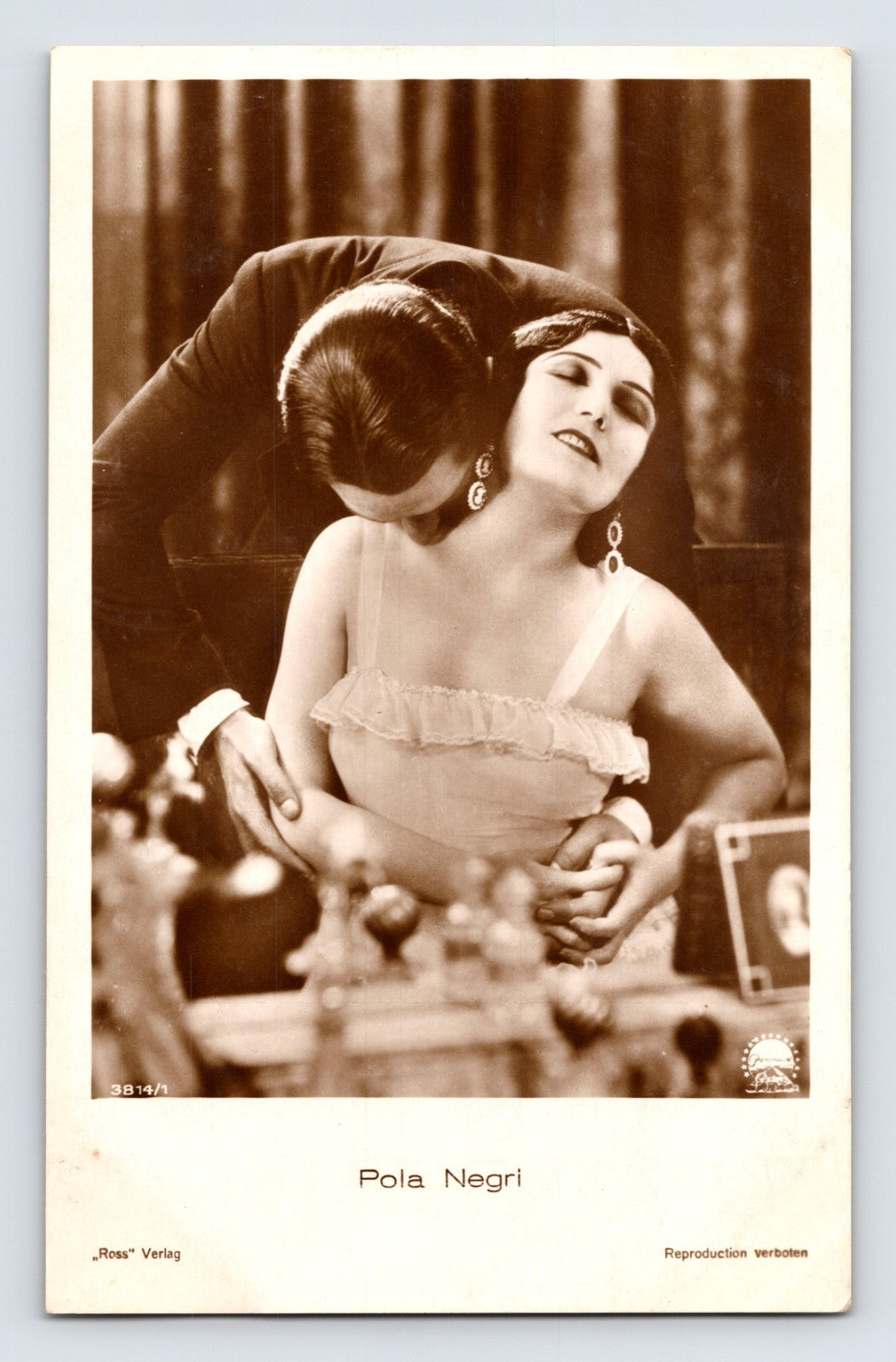 Pola Negri portrait Ross Verlag 1930s RPPC postcard actress romantic scene sepia studio image